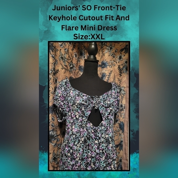Juniors' SO Front-Tie Keyhole Cutout Fit & Flare Floral Mini Dress - Size XXL - Picture 3 of 11